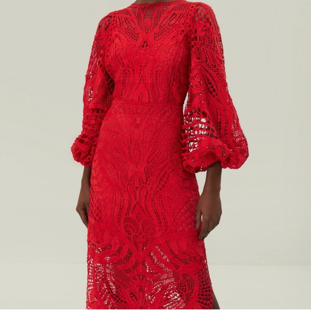 FARM Rio Vibrant Red Lace Long Sleeve Dress